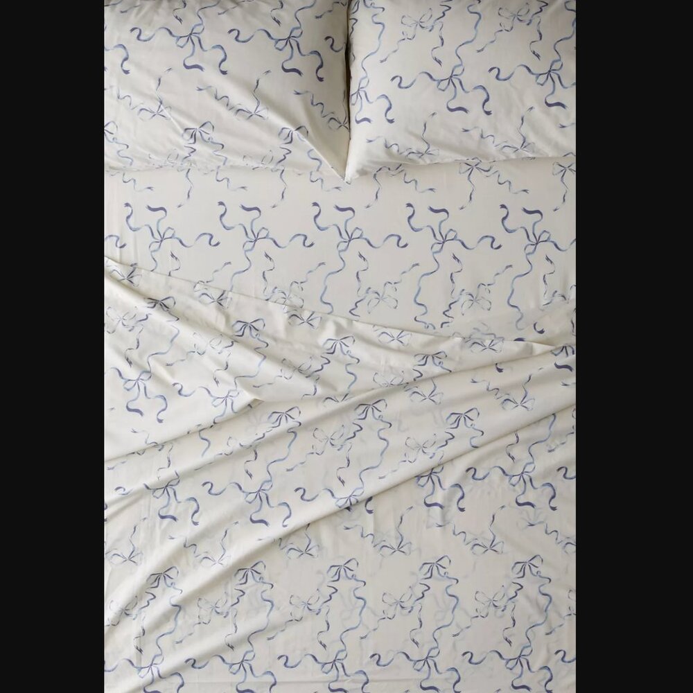 Urban Outfitters 100% Cotton Blue Painted Bows Sheet Set KING